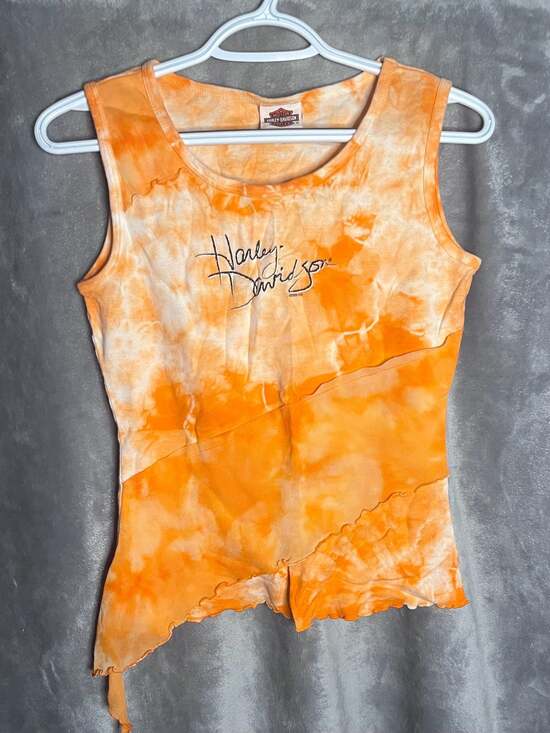 Harley-Davidson Tops - Vintage Harley-Davidson Orange Tie-Dye Asymmetrical Mesh Layer Tank Top Lansing